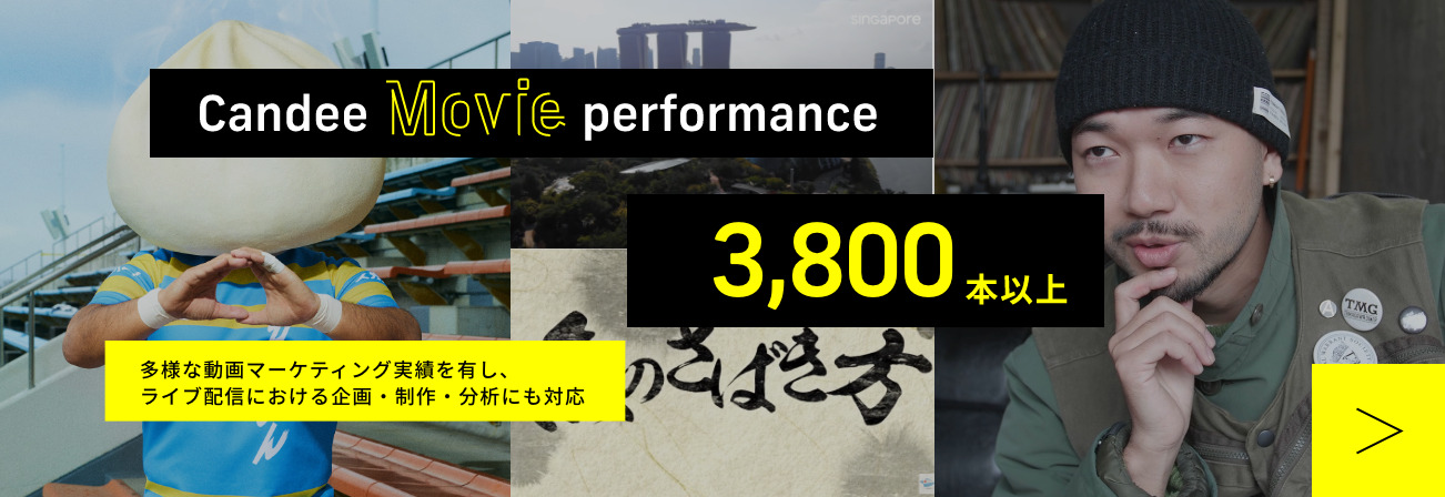 Candee Movie performance 3,500本以上 多様な動画マーケティング実績を有し、ライブ配信における企画・制作・分析にも対応